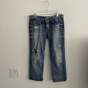 BKE Jeans Women's Size 27 Blue Medium Wash Distressed Denim Sarah Low Rise Crop